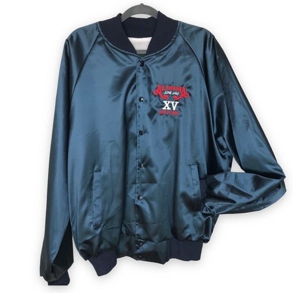 Vintage Bridgeport Alabama June Jam XV Blue Satin Concert Jacket Snap Front XXL - Picture 1 of 14